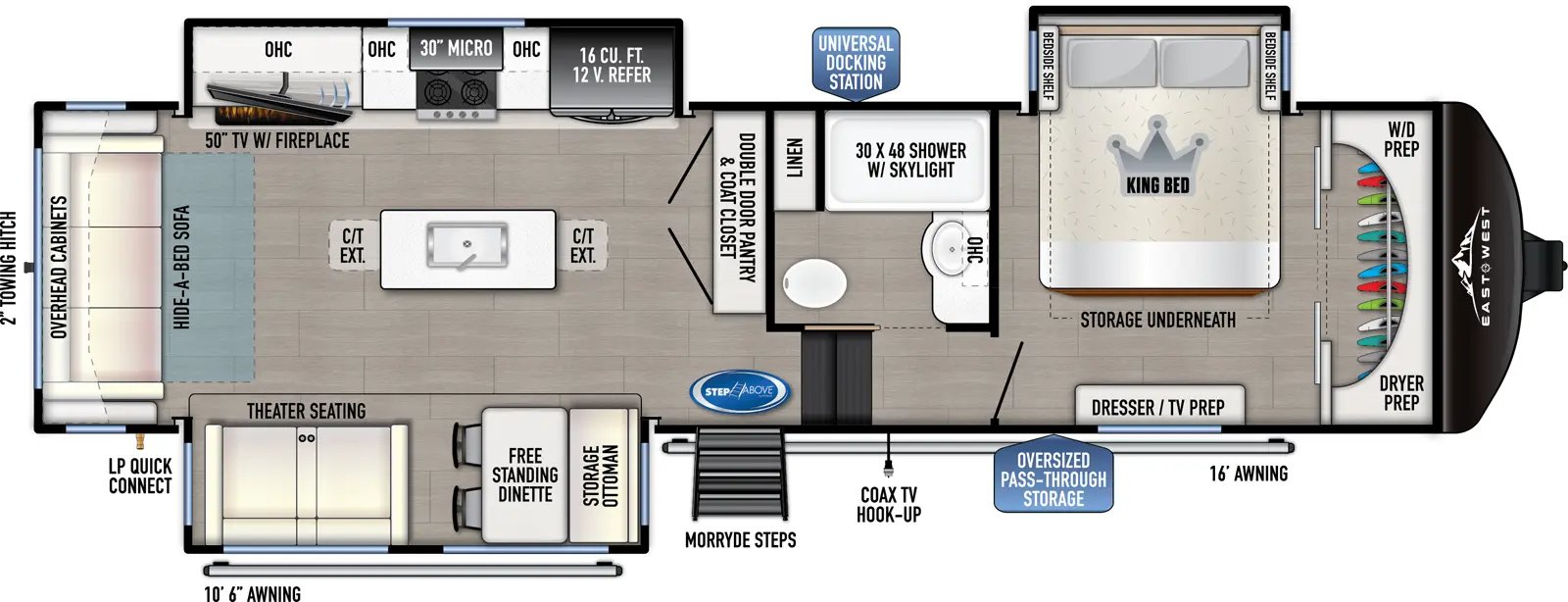 The 3100RL has 3 slideouts and one entry. Exterior features an oversized pass through storage, universal docking station, MORryde steps, coax TV hookup, 10 foot 6 inch awning and 16 foot awning, LP quick connect, and 2 inch towing hitch. Interior layout front to back: front closet with washer/dryer prep, off-door side king bed slideout with storage underneath, and door side dresser with TV prep; off-door side full bathroom with overhead cabinet, linen closet, and shower with skylight; steps down to main living area and entry; double door pantry and coat closet along inner wall; off-door side slideout with 12V refrigerator, overhead cabinet, microwave, cooktop, and TV with fireplace; kitchen island with sink and extensions; door side slideout with free-standing dinette with storage ottoman, and theater seating; rear hide-a-bed sofa and overhead cabinet.